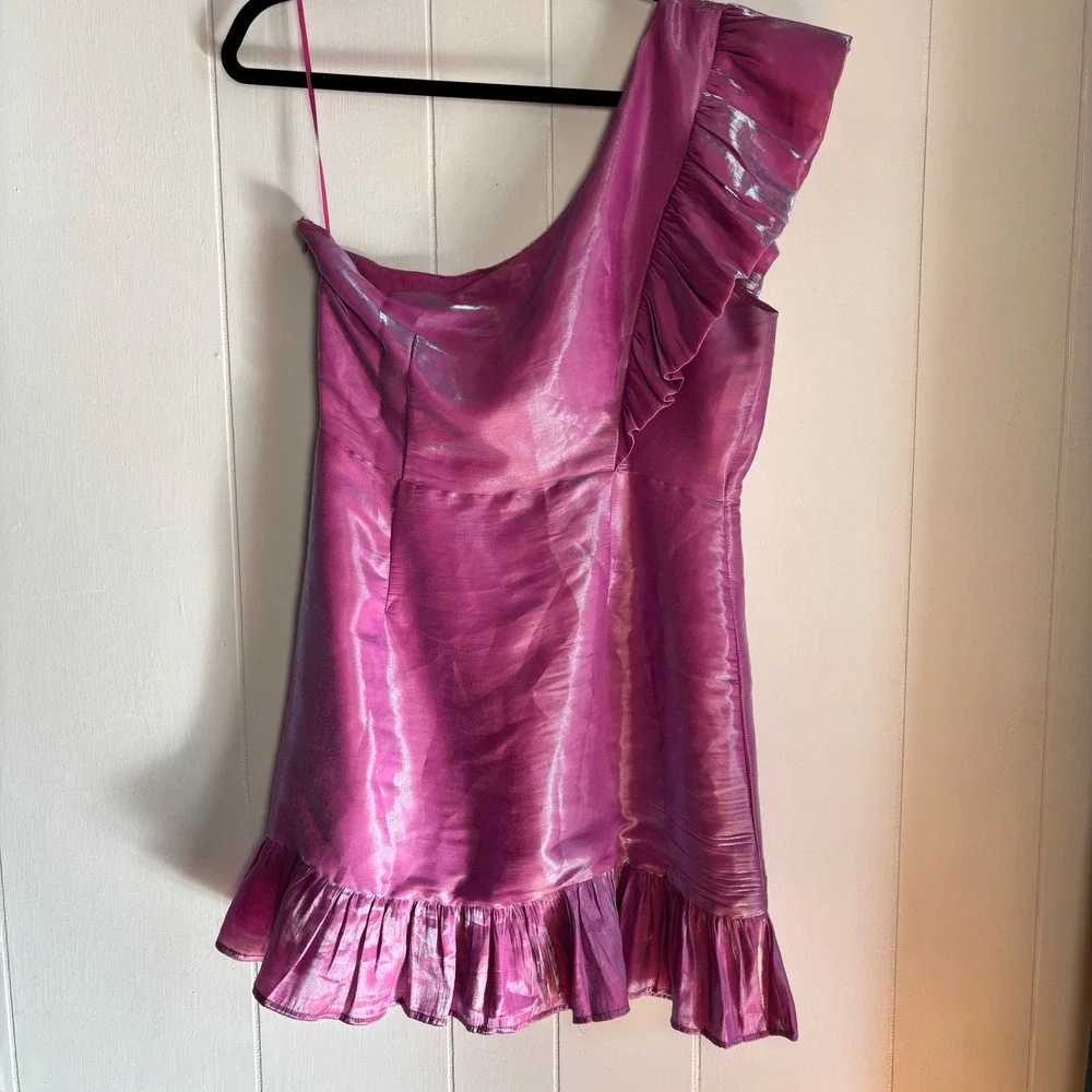 Hausen Purple Iridescent One Shoulder Ruffle Ruched Mini Dress Sz‎ Large Event